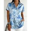 Camicia da Donna a Maniche Corte con Bavero, Stampa Iris Blu Acquerello, Bottoni, Top Casual per Primavera Estate, Uso Quotidiano e da Ufficio