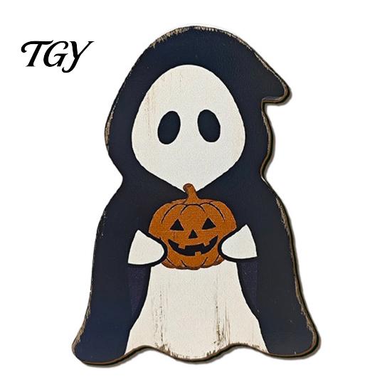 Halloween Wooden Table Decor Tabletop Decorative Plaque, Rustic Distressed Wood Art Sign, Cute Tiered Tray Decorations Ghost Patterns Design,