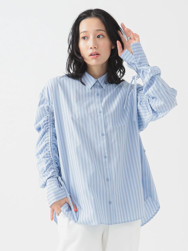 B:MING LIFE STORE by BEAMS Women's 2-Way Shirred Shirt, Blue, One Size, Large/Sized Shirt/Blouse