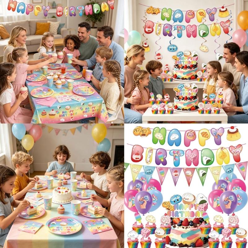 Birthday Party Supplies with Cartoon Food Characters and Happy Birthday Art for Table Arrangements and Hanging Displays