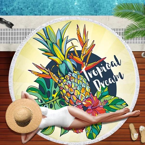 Summer Round Beach Towel Flamingo Tropical Plant Pineapple Printing Bath Shower Towels Bikini Cover Up Beach Towel