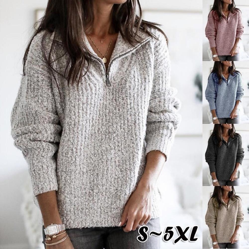 Herbst Winter Damen Langarm Umlegekragen Reißverschluss Strickpullover Pullover Mäntel
