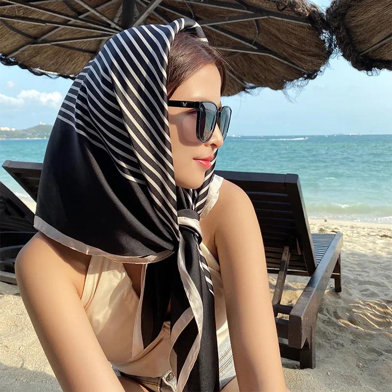 

New Silk Scarf 90x90 Square Scarf Female Western Style Fashion Black Striped Print Turban Scarf Multi-functional чёрный