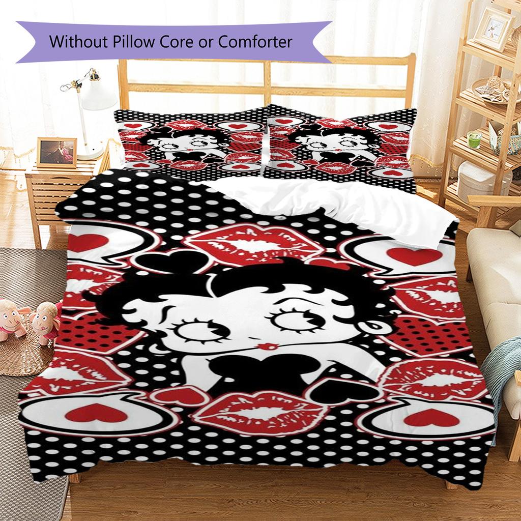 Betty Boop Pattern Bedding Set Quilt Cover Pillowcase Home Decor Gift (1 * Duvet Cover + 2 * Pillowcase, Without Core)