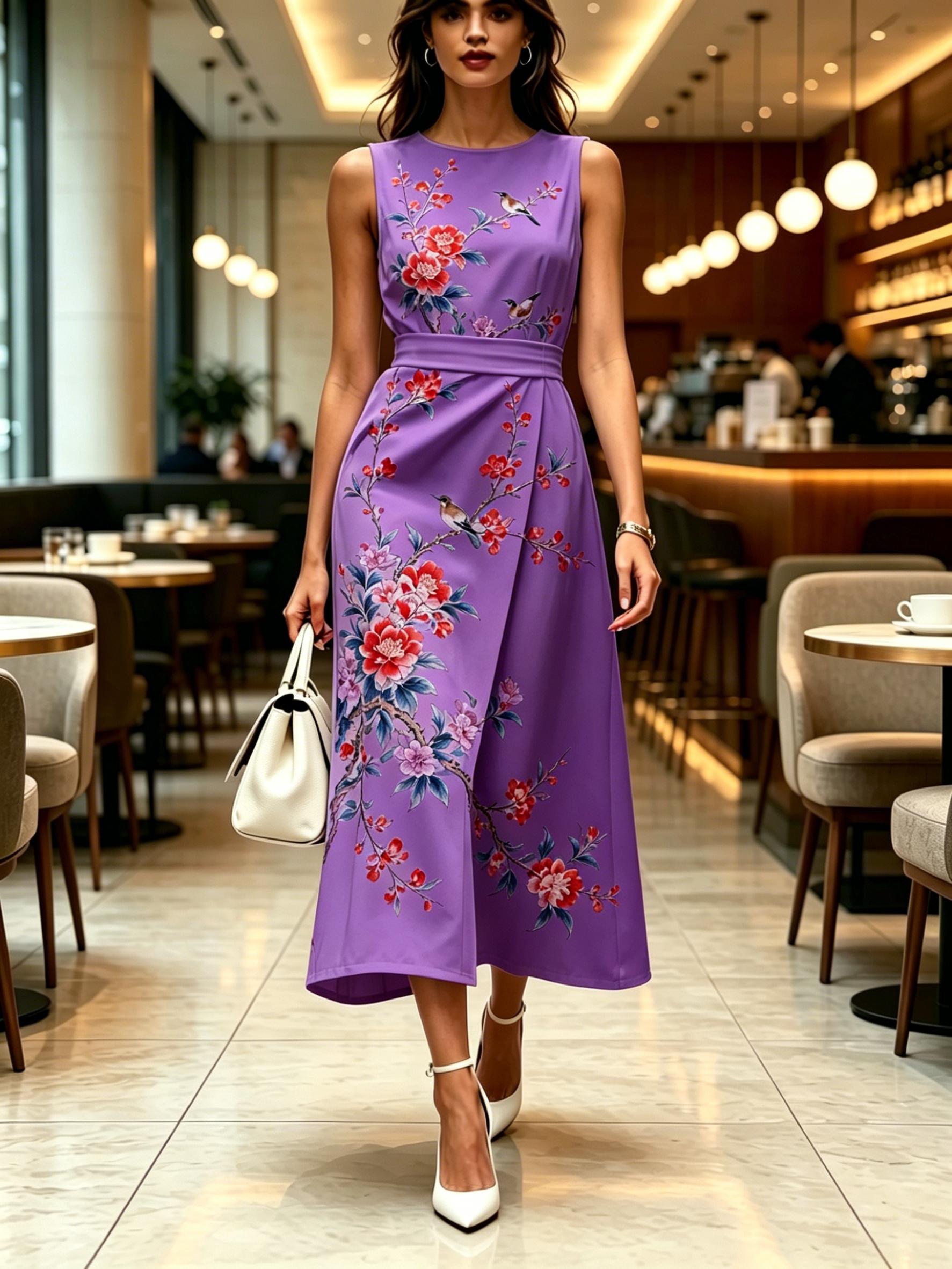 Round Neck Sleeveless Midi Dress Floral And Bird Print Purple Color Womens Modern Elegant Casual Fashion Spring Summer Autumn Womens Clothing XXS