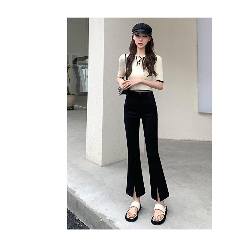 High Waist Split Micro Flared Black Cropped Suit Pants For Women