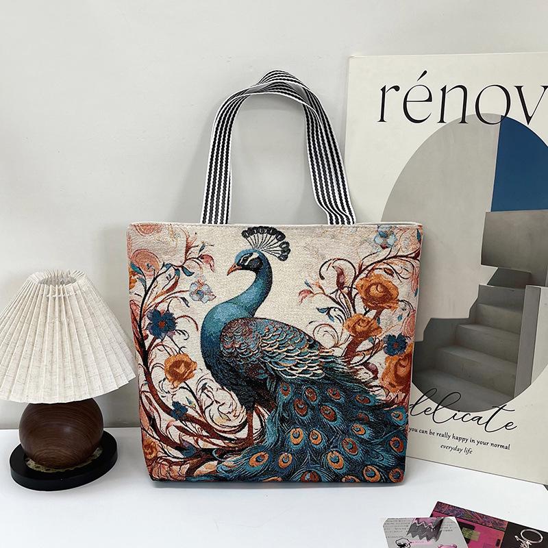 Bolsa de Ombro Feminina Bordada com Fio Dourado - Estilo Étnico, Grande Capacidade