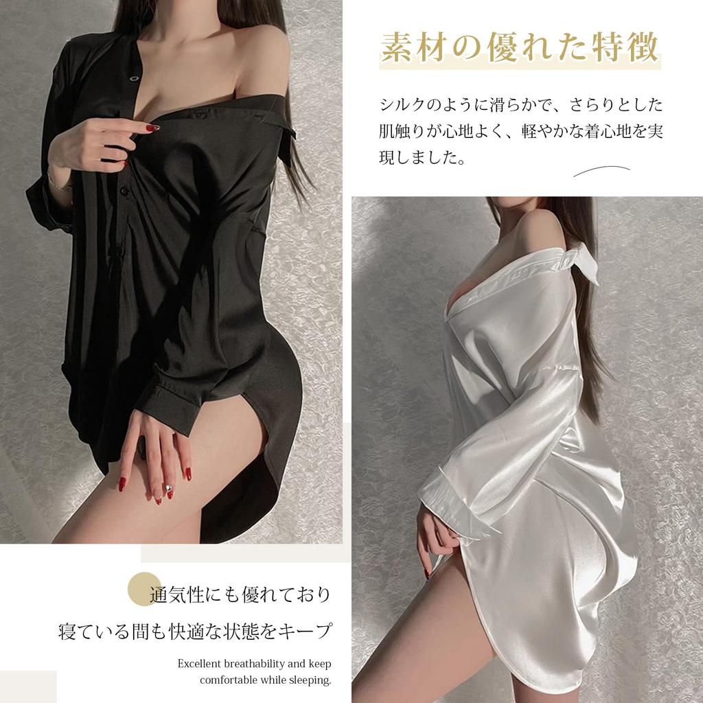 Loungewear Satin Morgenmantel x Spitzärmel Knopfleiste Manschette Zarte Spitze Schlicht [R6seven] Damen Set, Material, Shorts, 5/8 Hemd, Verschluss, Knöpfe,