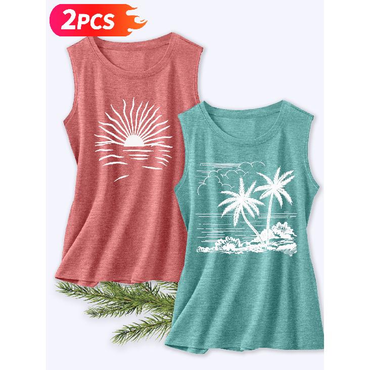 Follow a Specific Direction Two-piece Women's Tank Top with Beach Coconut Tree Print Elegant Summer Party Outfits Sleeveless Vest Essential Fashion