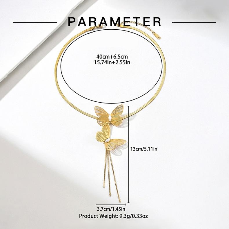 YF8469 Luxury Exquisite Double Butterfly Tassel 18k Gold-Plated Waterproof Stainless Steel Necklace with Pearl Flat Snake Chain