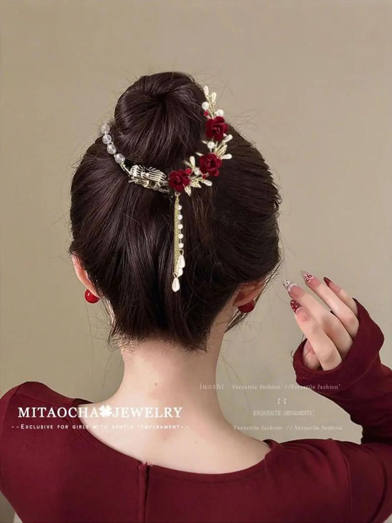 1Pcs Fashion Camellia Horsetail Buckle Tassel Hair Clips For Women Hair Accessories