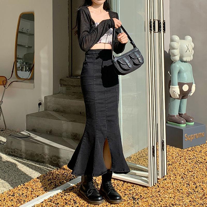 Before and After Two Wear A-line Fishtail Skirt Bustier Skirt Female High Waist Slim Elastic Open Fork Medium-length Package Hip Skirt Denim Skirt