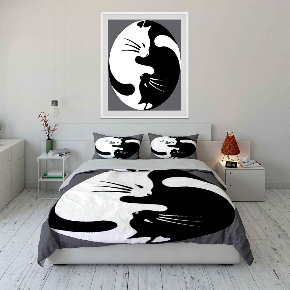 Yin Yang Cat Decor Set Soft Skin-Friendly Bedding Set Includes 1 Duvet Cover And 2 Pillowcase Gift