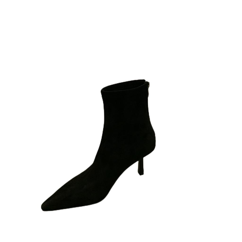 High-heeled Pointed-toed Temperament Suede Thin Short Boots Women's Shoes 2025 New Autumn and Winter Velvet Korean Small Ankle Boots