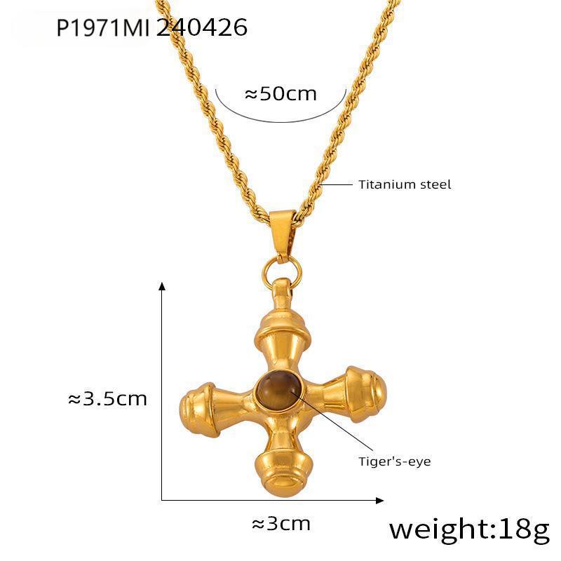 Retro Fashion Light Luxury Tiger'S Eye Stone Cross Pendant Collarbone Chain Niche Gold New Necklace Women