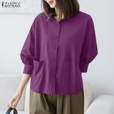 Women Casual Turn Down Collar Loose 3/4 Sleeve Blouse