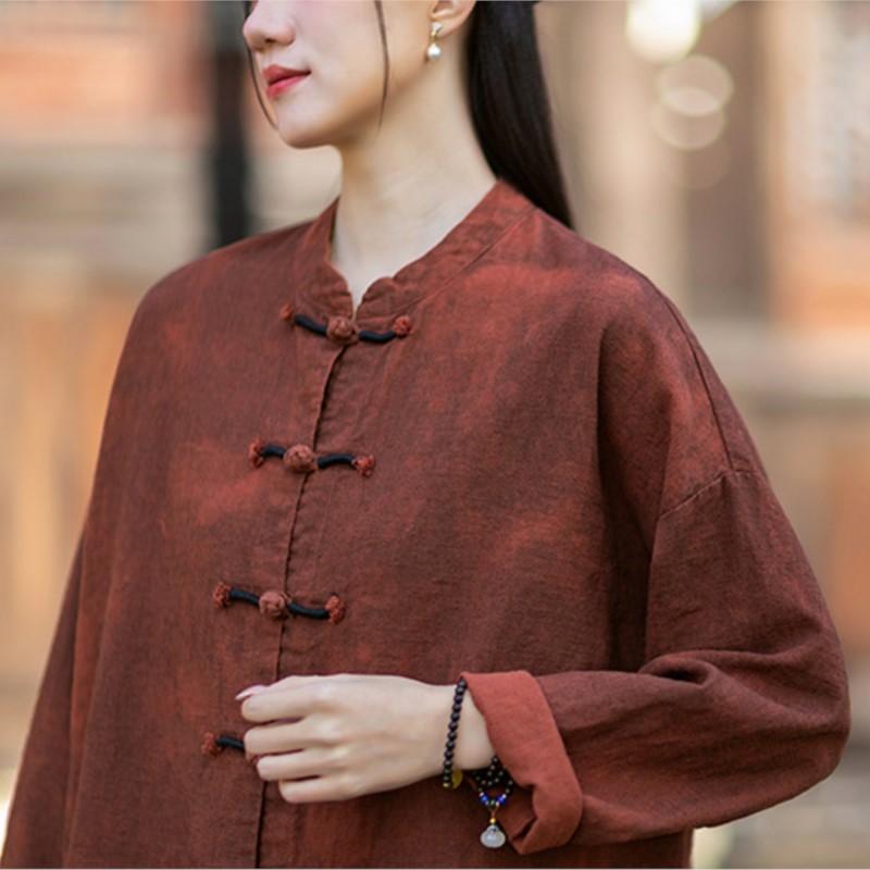 Johnature Women Vintage Blouses Spring Chinese Style Solid Color Shirts Stand Long Sleeve Button Shirts