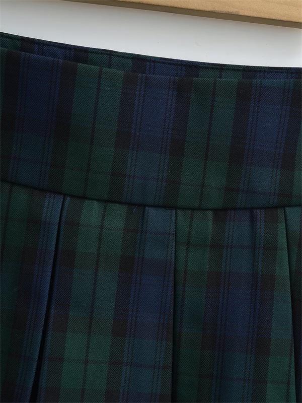 Damen Grüner Karomuster Retro Falten Minirock, Niedrige Taille, Schlankmachend, Anti-Exposure, Petite Passform