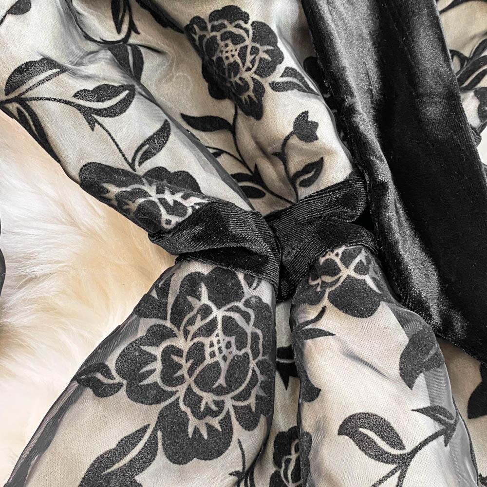 French Elegant Bow Puff Sleeve Dress Women 2025 Spring Autumn New Flocking Floral Waist Slim Long Dresses Patchwork Party Clothing