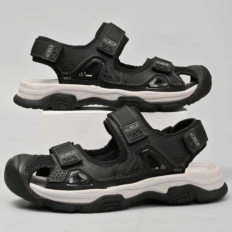 New Genuine Leather Men's Sandals Outdoor Summer Flats Non-slip Beach Shoes Walking Treking Casual Shoes Men Hiking Sandals Male