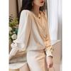 Satin Elegant Buttons Ruffled Office Lady Party Blouse Shirt Fashion Autumn Solid Long Sleeve V-neck Pullover Tops Women Blusas