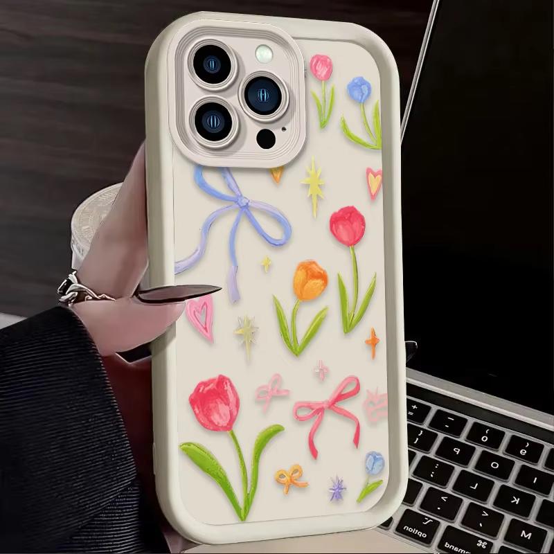 Color Flower Bow Pattern Phone Case For iPhone 16e 16 Pro Max 15 14 Plus 13 12 Mini 11 Pro Shockproof Silicone Soft Back Cover
