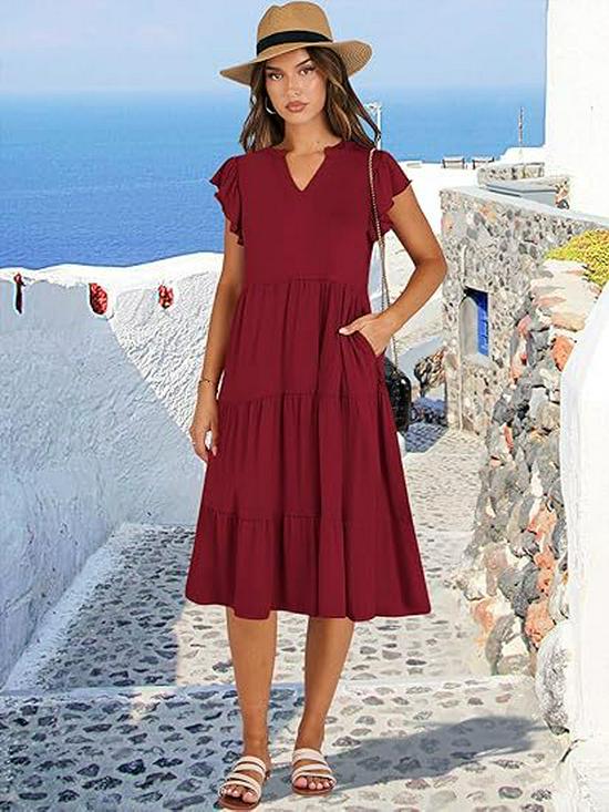 2025 Women's V-Neck Ruffle Sleeve Patchwork Midi Dress with Pockets
