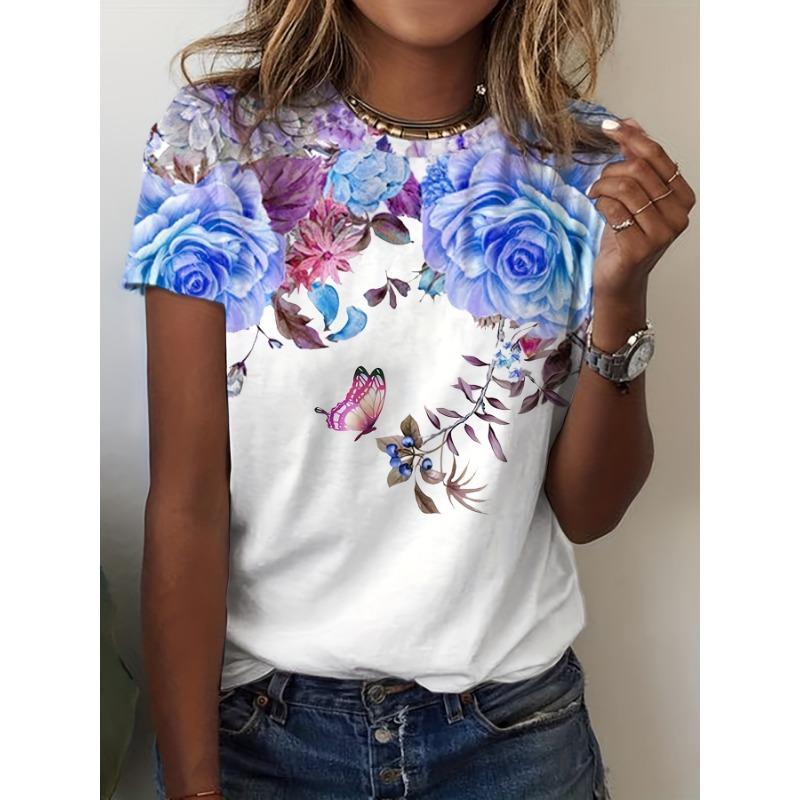 

Fashionable Butterfly and Flower 3D Digital Printing Women s Casual T-Shirt Women s Summer Round Neck Short Sleeve Top S