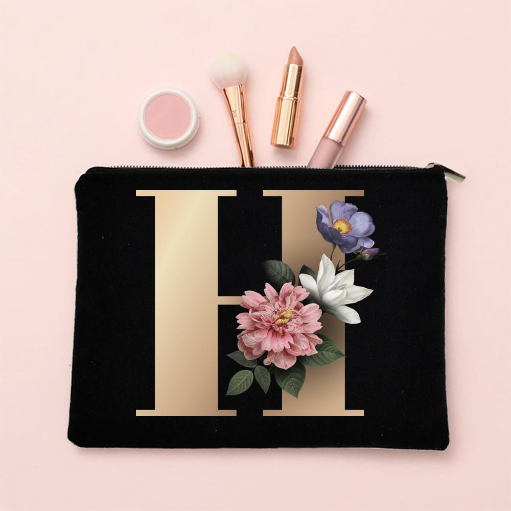 Alphabet Floral Makeup Bag Bridesmaid Maid of Honor Holiday Wedding Bachelorette Party Gift Canvas Cosmetic Zipper Storage Pouch