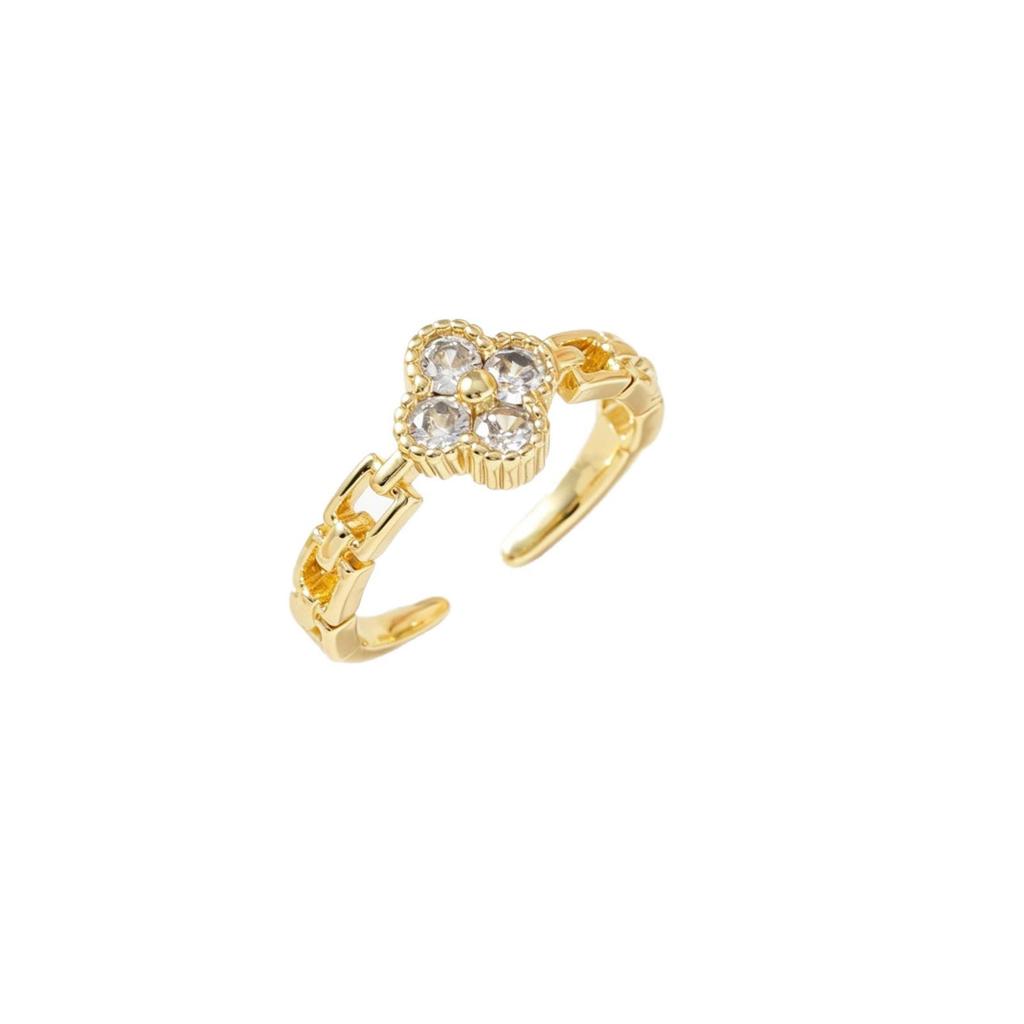 Korean-Japanese Zirconia Four-Leaf Clover Adjustable Ring – Trendy Women's Versatile Accessory
