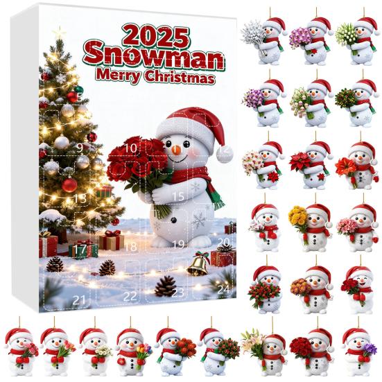 2025 Snowman Advent Calendar for Kids 24-Day Christmas Countdown Box with Acrylic Ornaments Multifunctional Holiday Decoration