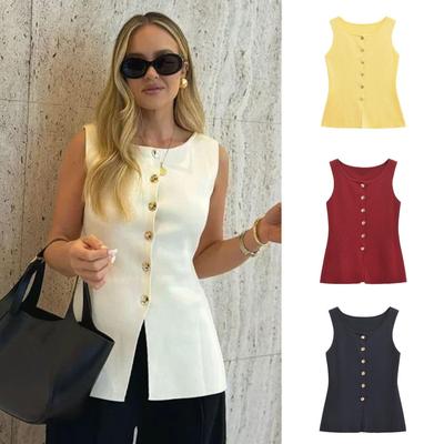 Damski złoty dzianinowy kamizelka dwurzędowa w stylu europejskim i amerykańskim