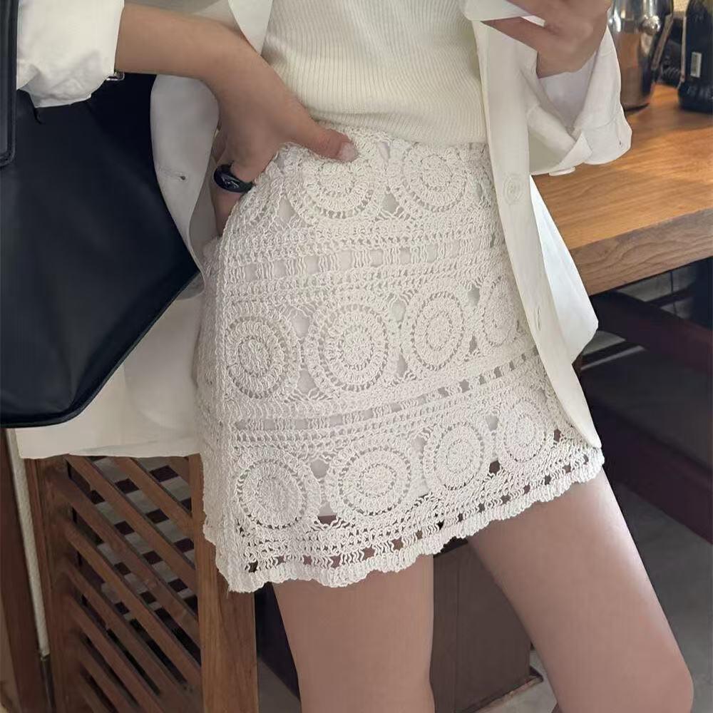 Bohemian Crochet High-Waist Hip-Hugging Midi Skirt for Women