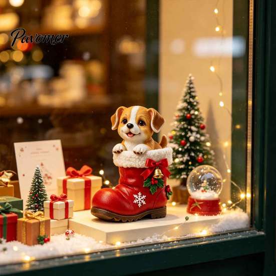 Christmas Tree Ornaments Puppy in Santa Boot Resin Figurine, Cute Dog Holiday Tabletop Decor with Theme Desktop Bow Bell Holly, Festive Home
