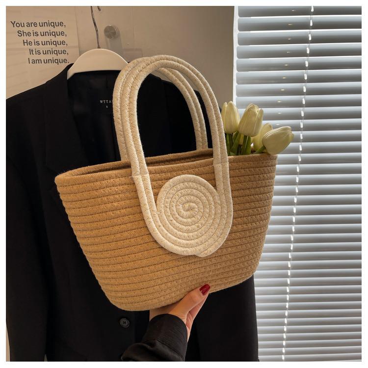 Contrast Color Cotton Rope Woven Women's Tote: Stylish, Large Capacity, Versatile Korean Handbag