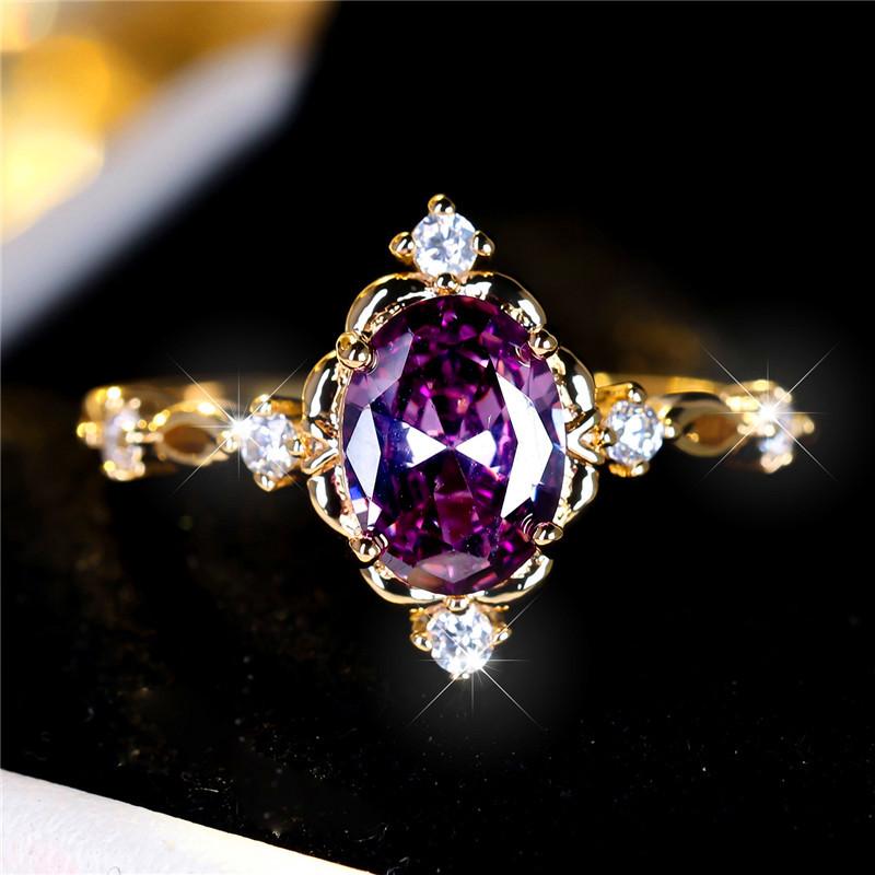 Cute Female Purple Zircon Stone Oval Engagement Ring Vintage Gold Color Wedding Jewelry For Women