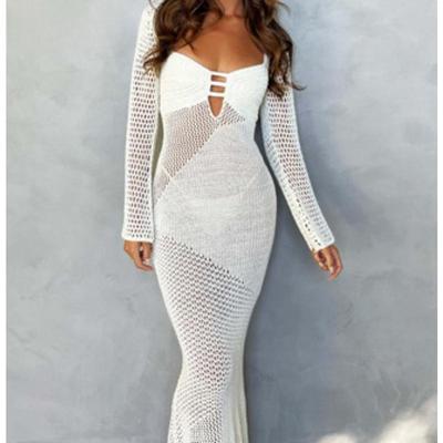 Women's Autumn New Hollow Long-sleeved Knitted Low-cut Sexy Backless Dresses