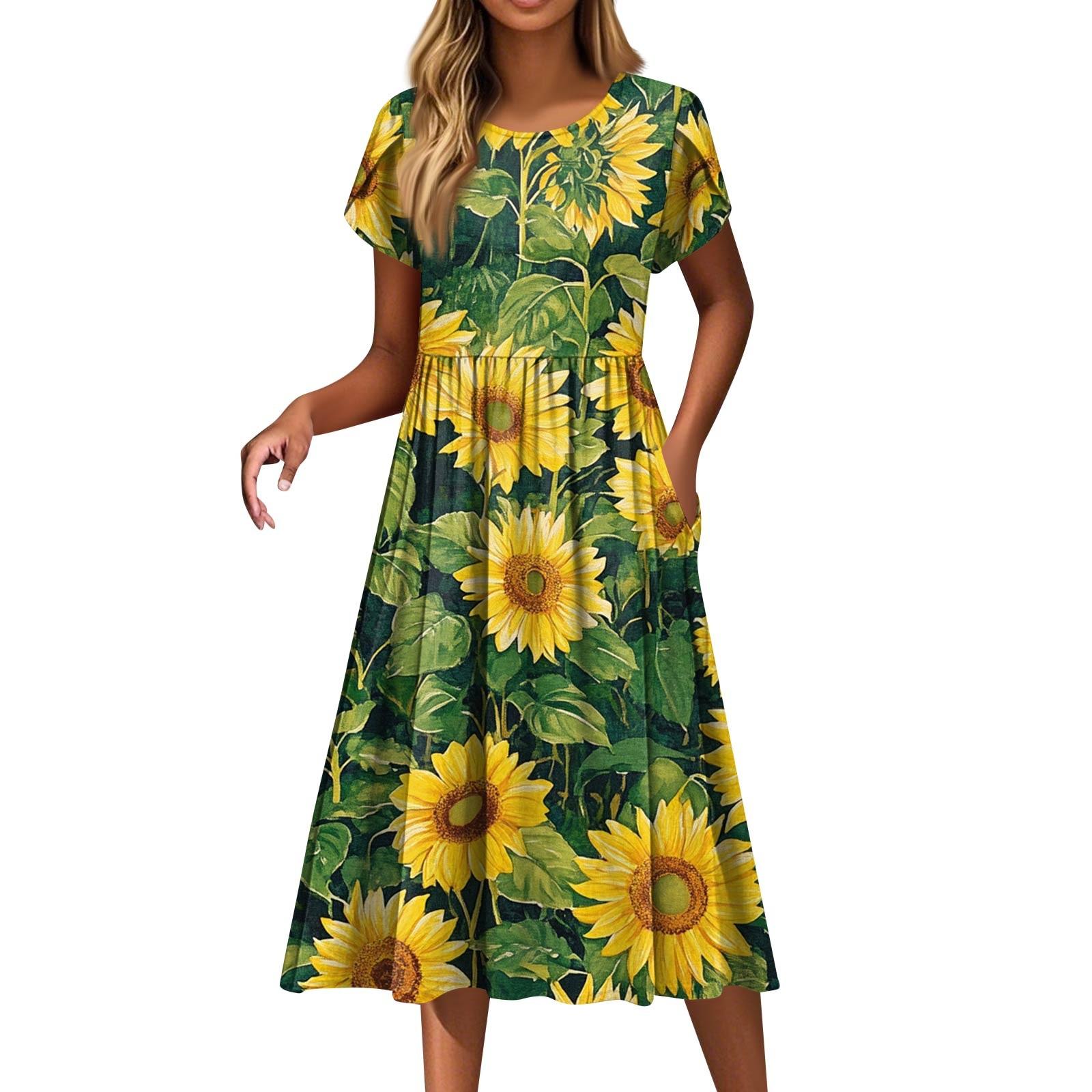 

Женские платья Винтажные цветочные подсолнухи с круглым вырезом и коротким рукавом XXXL зелёный