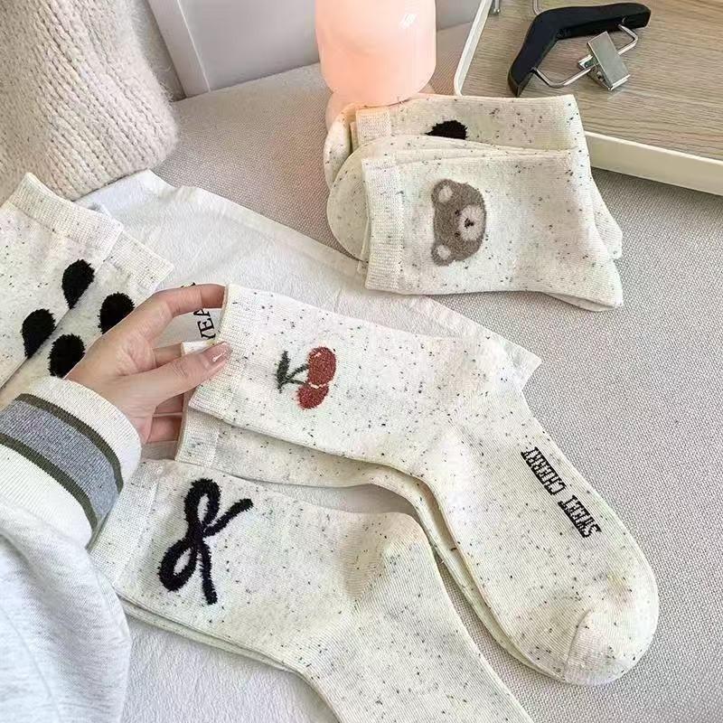 5 Paar Niedliche Socken Damen Schleife Beflockung Punkt Garn Mittelwaden Socken Cartoon Herz Bär Socken