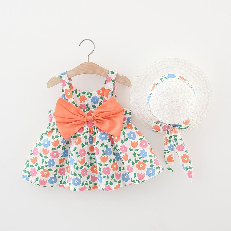 A749 Summer Baby Girl Princess Dress with Big Bow & Flower Skirt, Includes Hat, for Ages 1-4