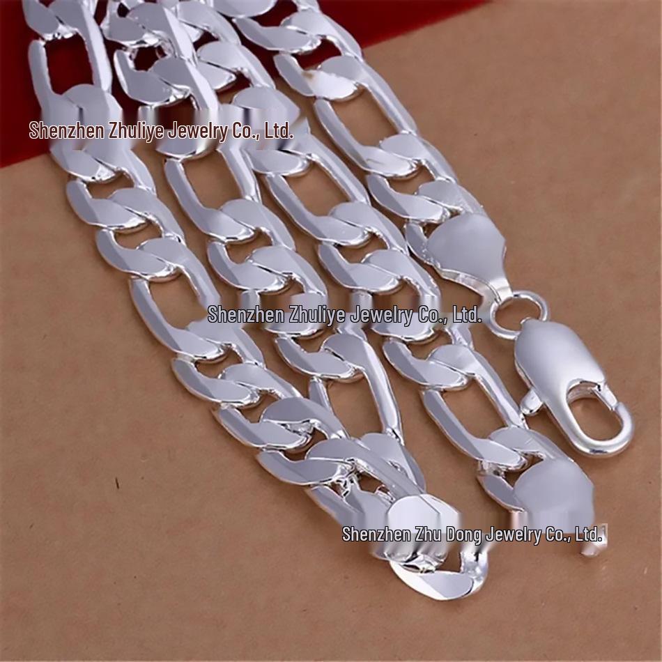 European & American Men's 12MM Silver-Plated Flat Curb Chain Necklace by TikTok TEMU