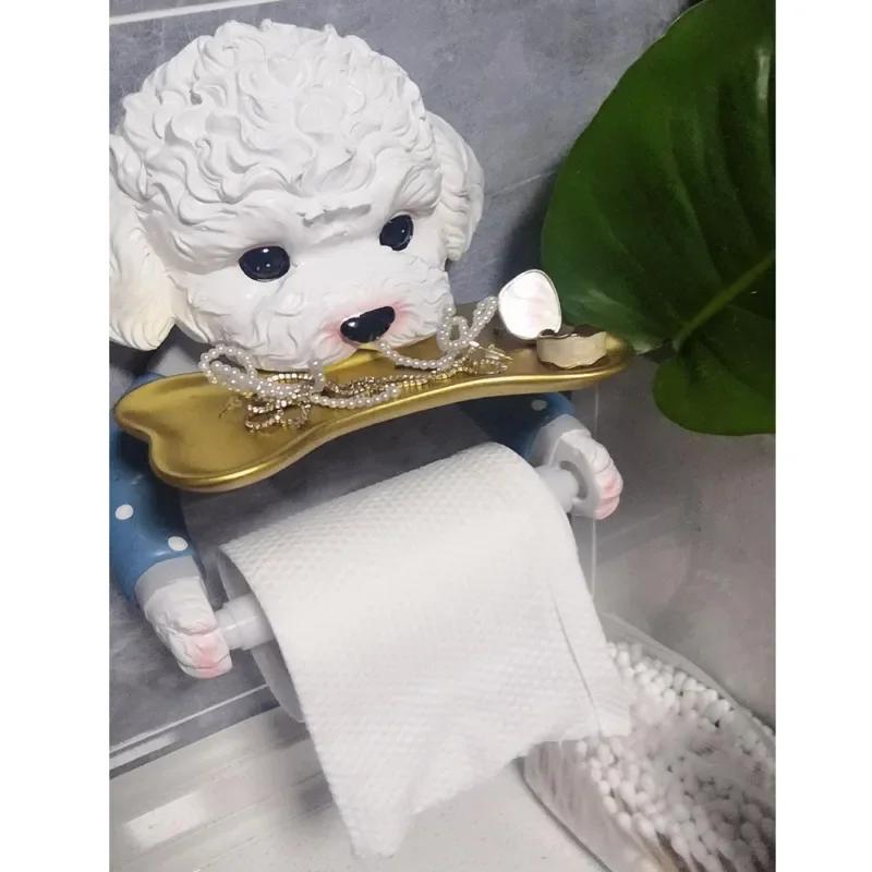 Cartoon Teddy Dog Toilet Paper Holder Punch Free Wall Mounted Toilet Tissue Roll Paper Storage Tray Rack Bathroom Decoration