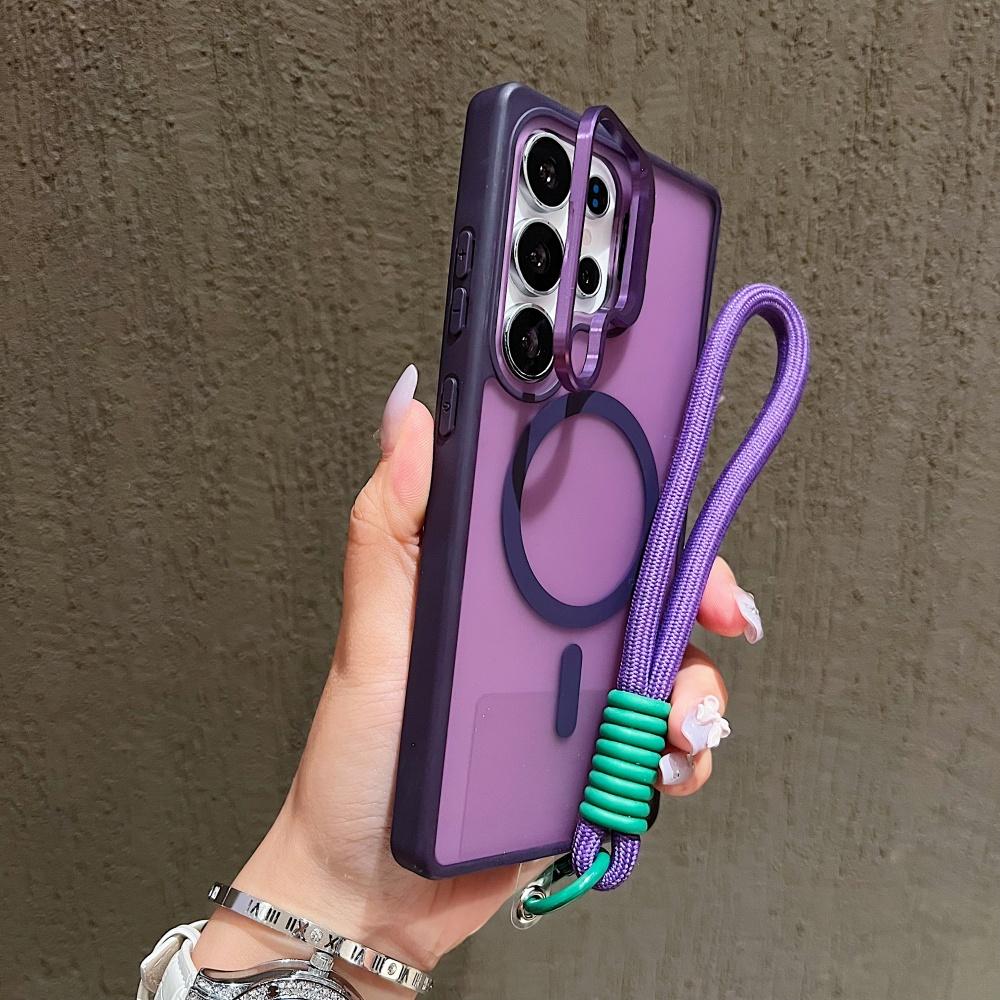 

Frosted Fold Lens Stand Holder for Magsafe Lanyard Phone Case for Samsung S25 S26 Ultra S24FE S25Plus A56 A36 A16 Magnetic Cover Galaxy S25+