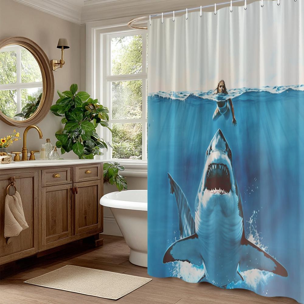 1pc Shark Encounter Shower Curtain Ocean Swim Great White Surreal Danger Tranquility Art Modern Fashion Home Bathroom Room Decor
