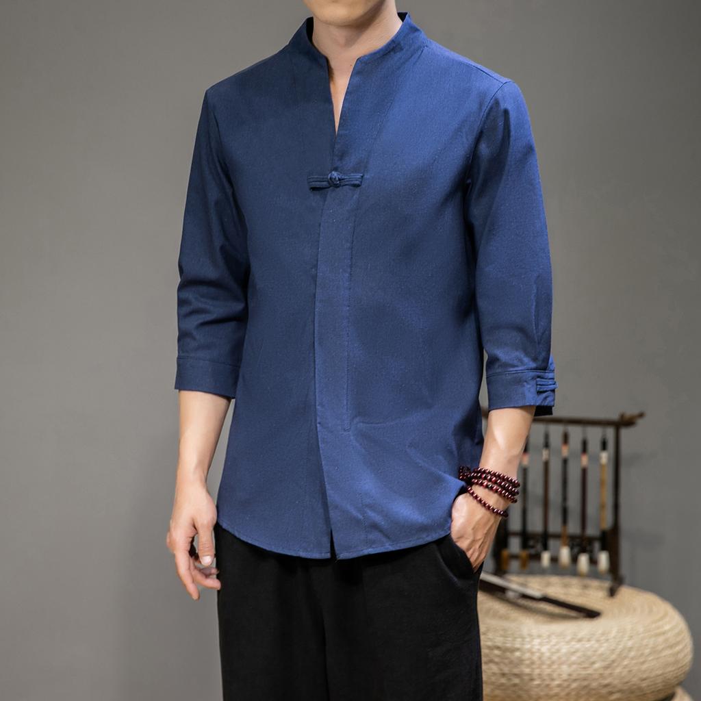 Mens Fashion V-Neck Shirt 2025 Men Harajuku Soild Color Shirts Male Casual Loose Retro Shirt Chinese Style Kimono Shirt