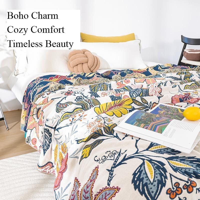 1pc Boho Floral Cotton Gauze Blanket with Tassels | Lightweight Vintage Flower Print Throw Blanket for Bed & Couch