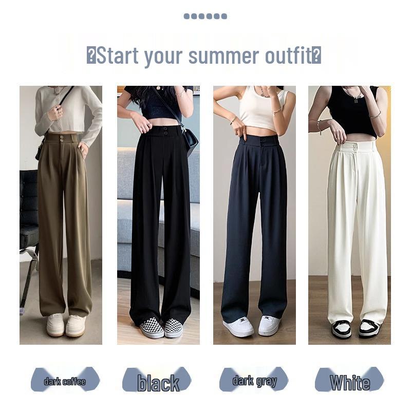 Women's High Waist Black Suit Pants - 2025 Summer Collection, Petite Wide Leg, Draped Straight Trousers