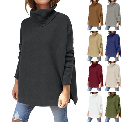 Women's High Neck Oversized Sweater Medium Long  Sleeve Hem Waist Pullover Sweater Knitted Top
