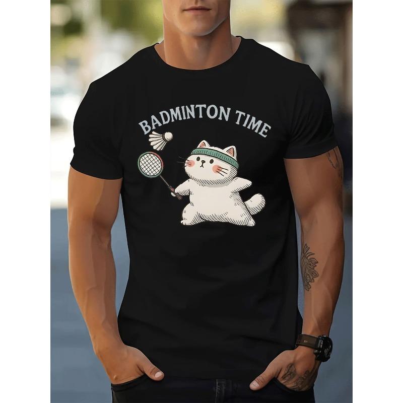 

European Size Crewneck Men s Fashion Casual Trendy All Season Graphic T Shirt with Print Cute White Cat Wearing Green Headband Holding Racket 4XL чорний
