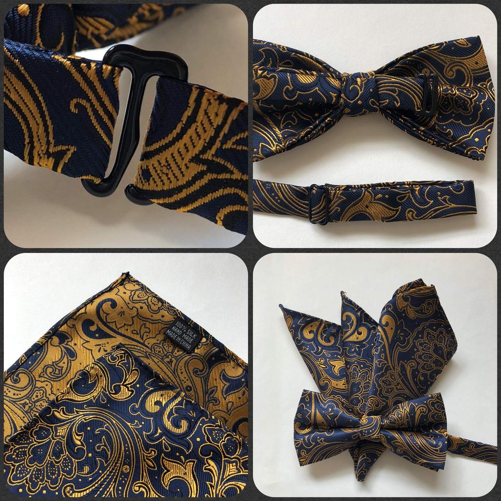 Paisley Navy x Gold [Fliege & Einstecktuch] 2-teiliges Set für Herren, formell und elegant im Magier-Stil